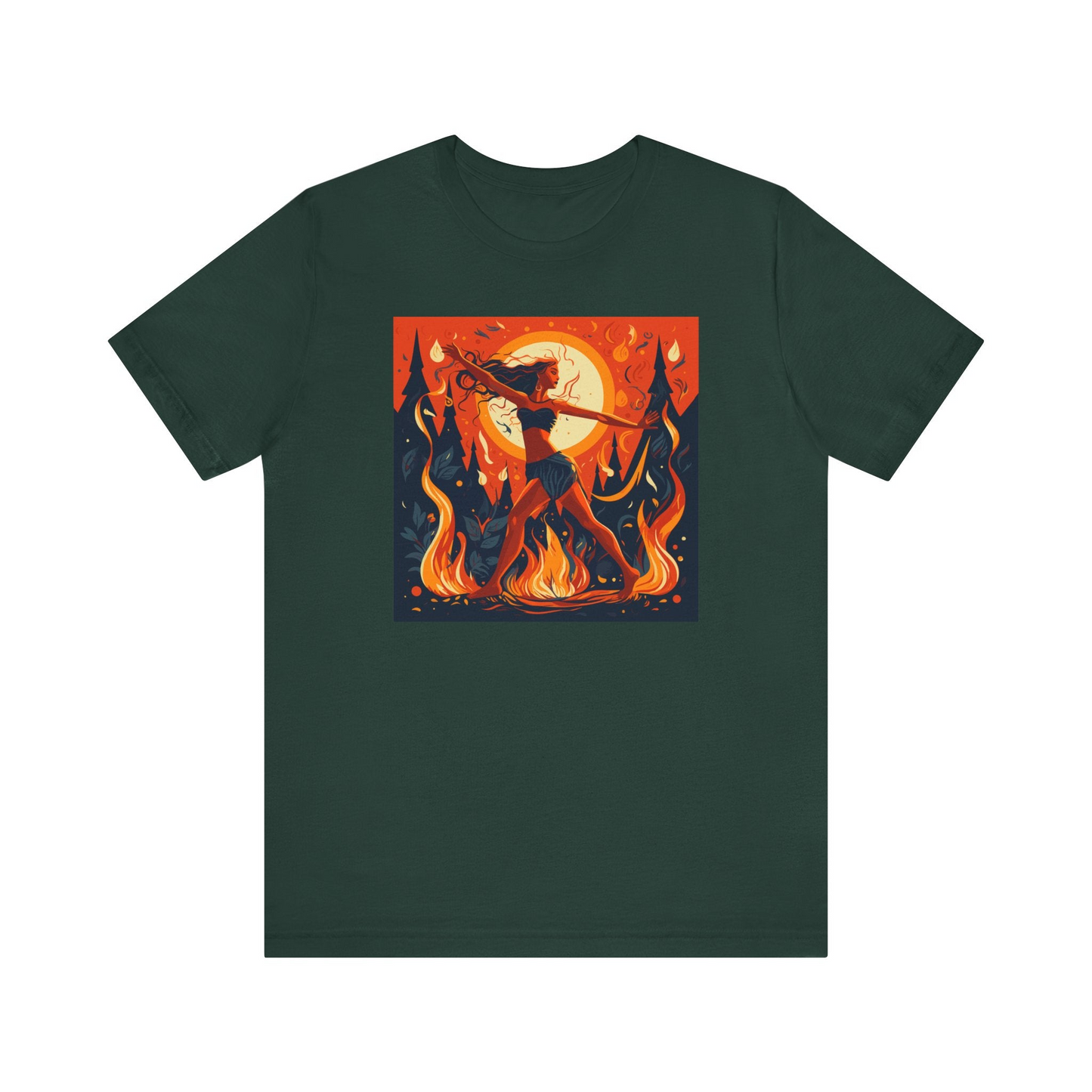 green t-shirt with woman dancing around the fire