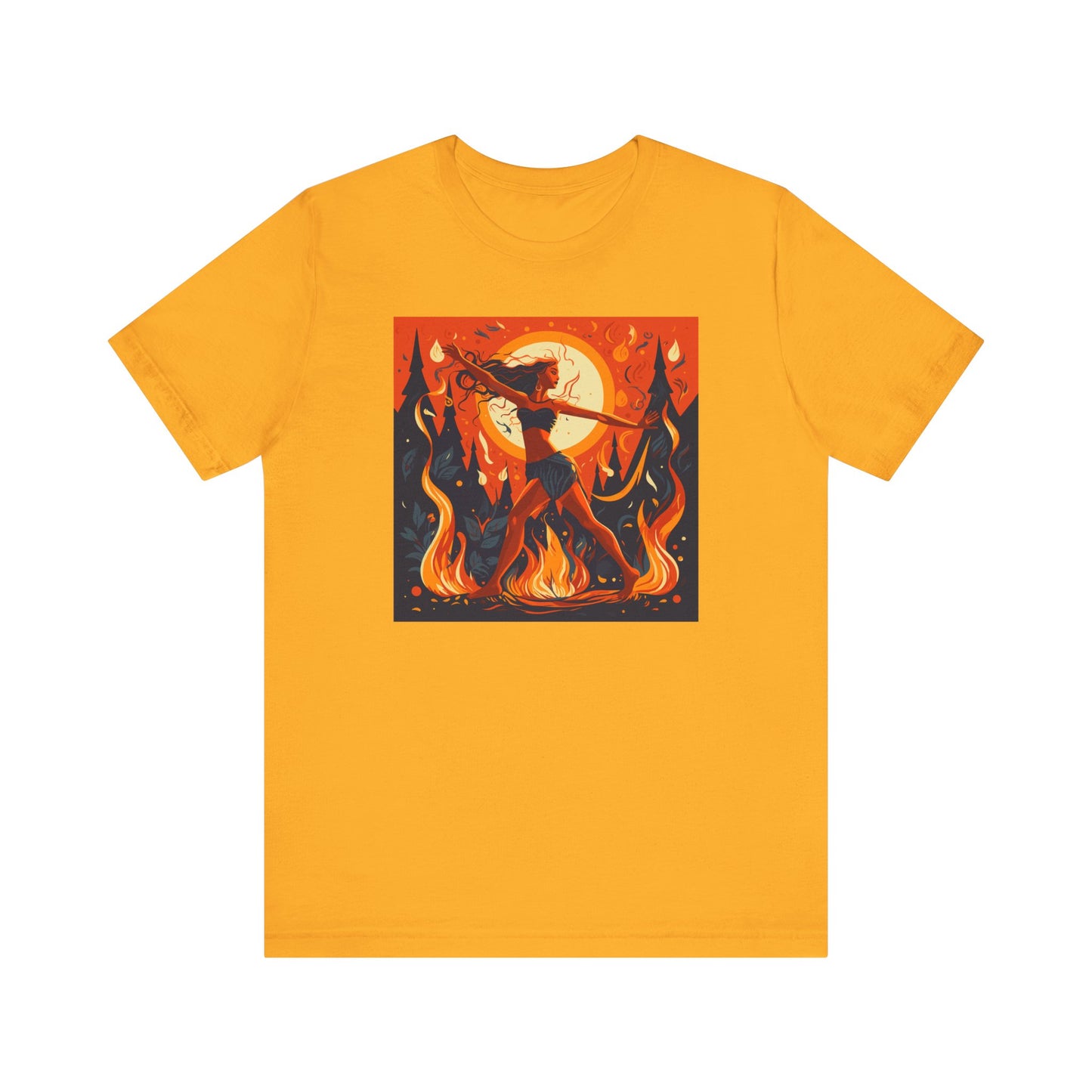 orange t-shirt with woman dancing around the fire