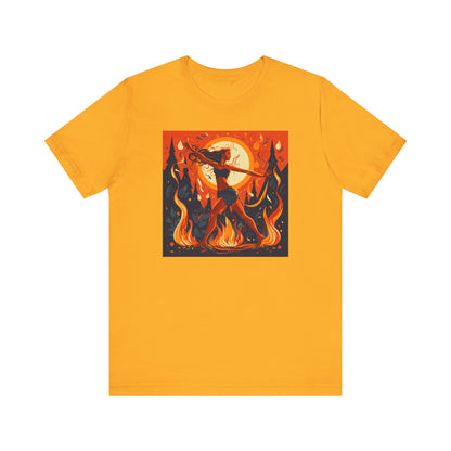 orange t-shirt with woman dancing around the fire