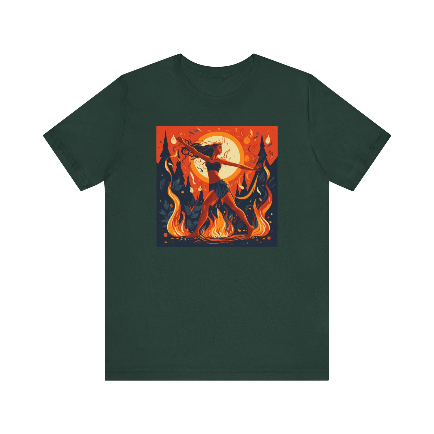 green  t-shirt with woman dancing around the fire