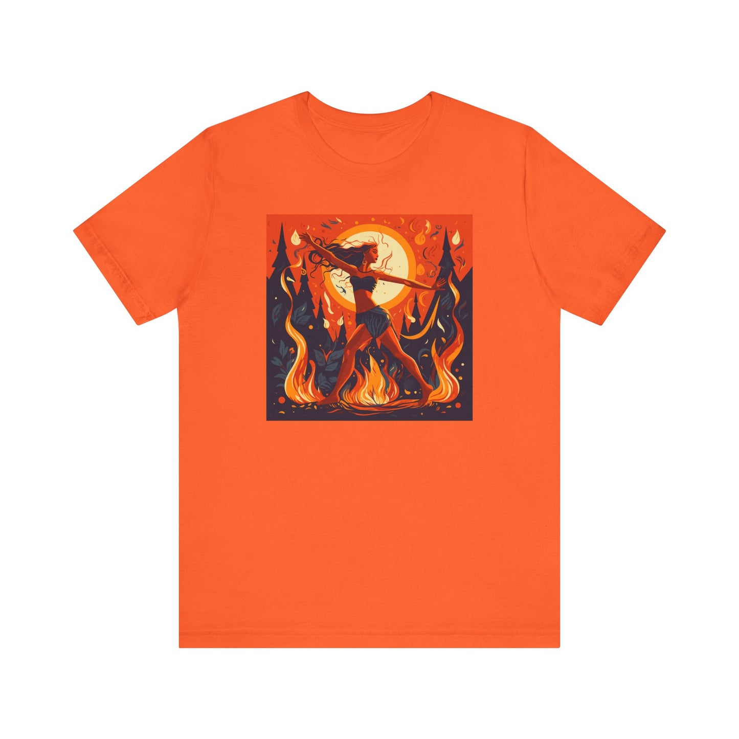 bright orange t-shirt with woman dancing around the fire