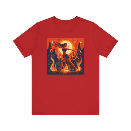 bright red t-shirt with woman dancing around the fire