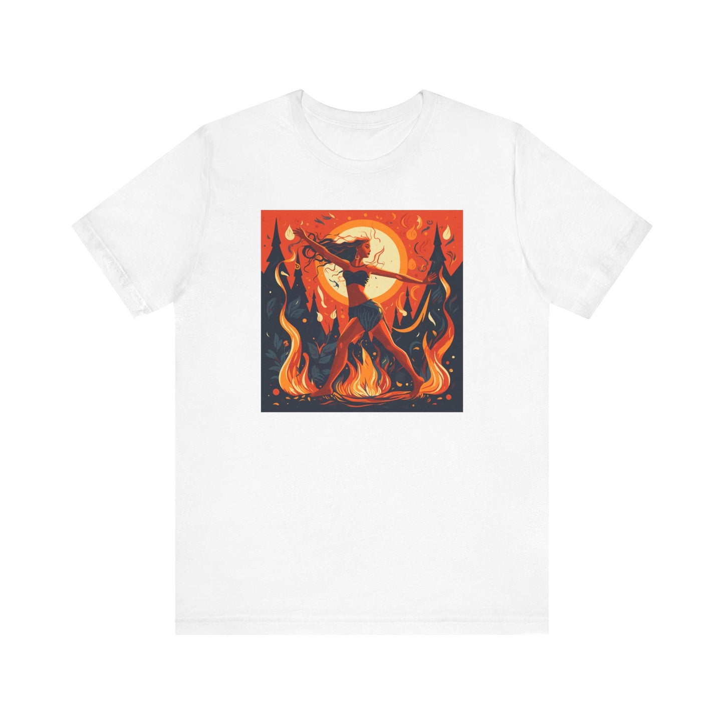 white t-shirt with woman dancing around the fire