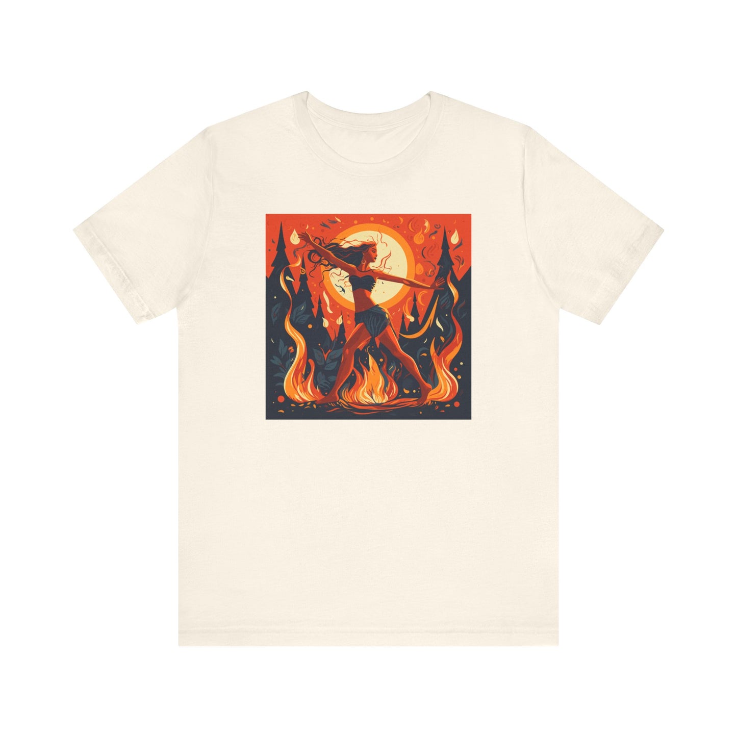 beige t-shirt with woman dancing around the fire