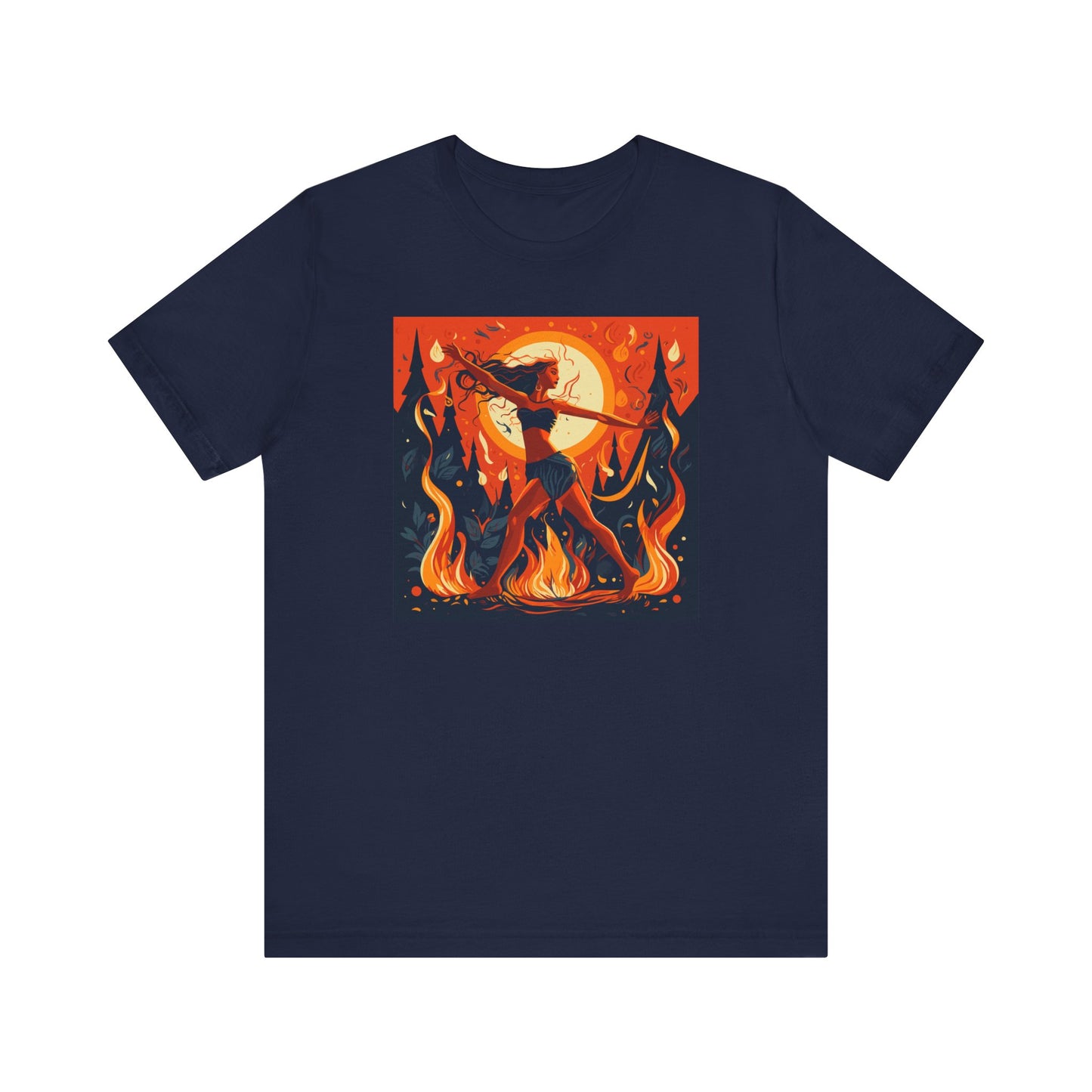 navy t-shirt with woman dancing around the fire