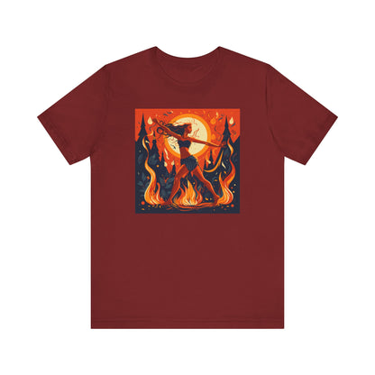 red t-shirt with woman dancing around the fire