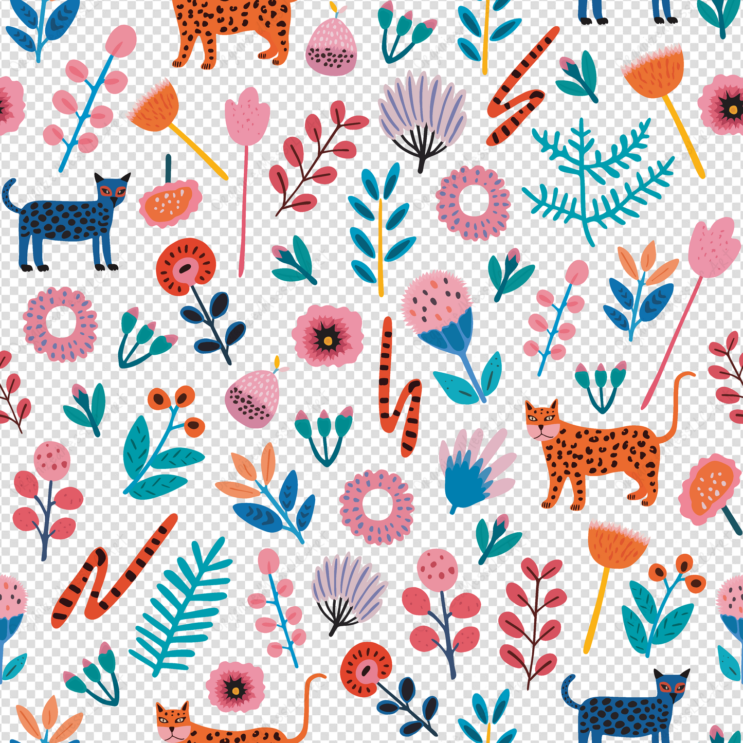 Floral Felines Pattern Instant Digital Download High Resolution PNG Format Digital Illustration