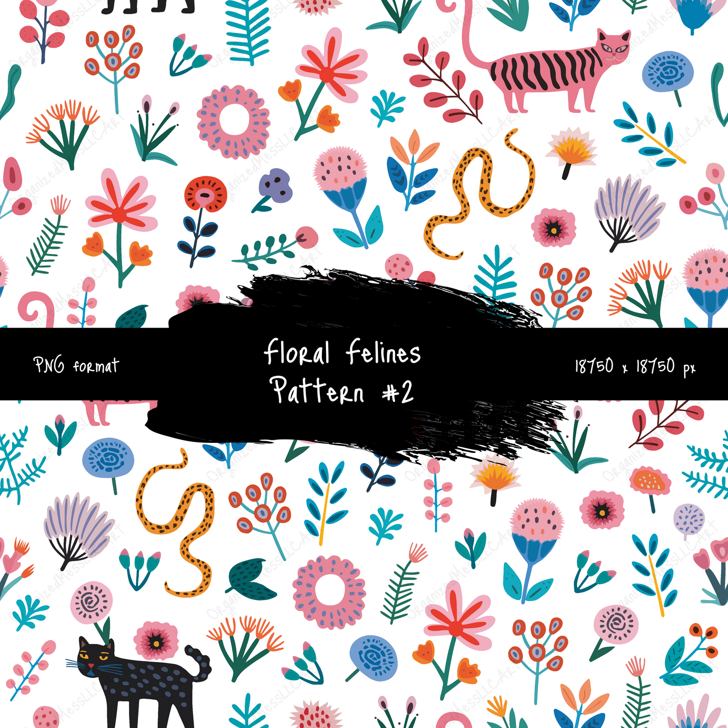 Floral Felines 2 Pattern Instant Digital Download High Resolution PNG Format Digital Illustration