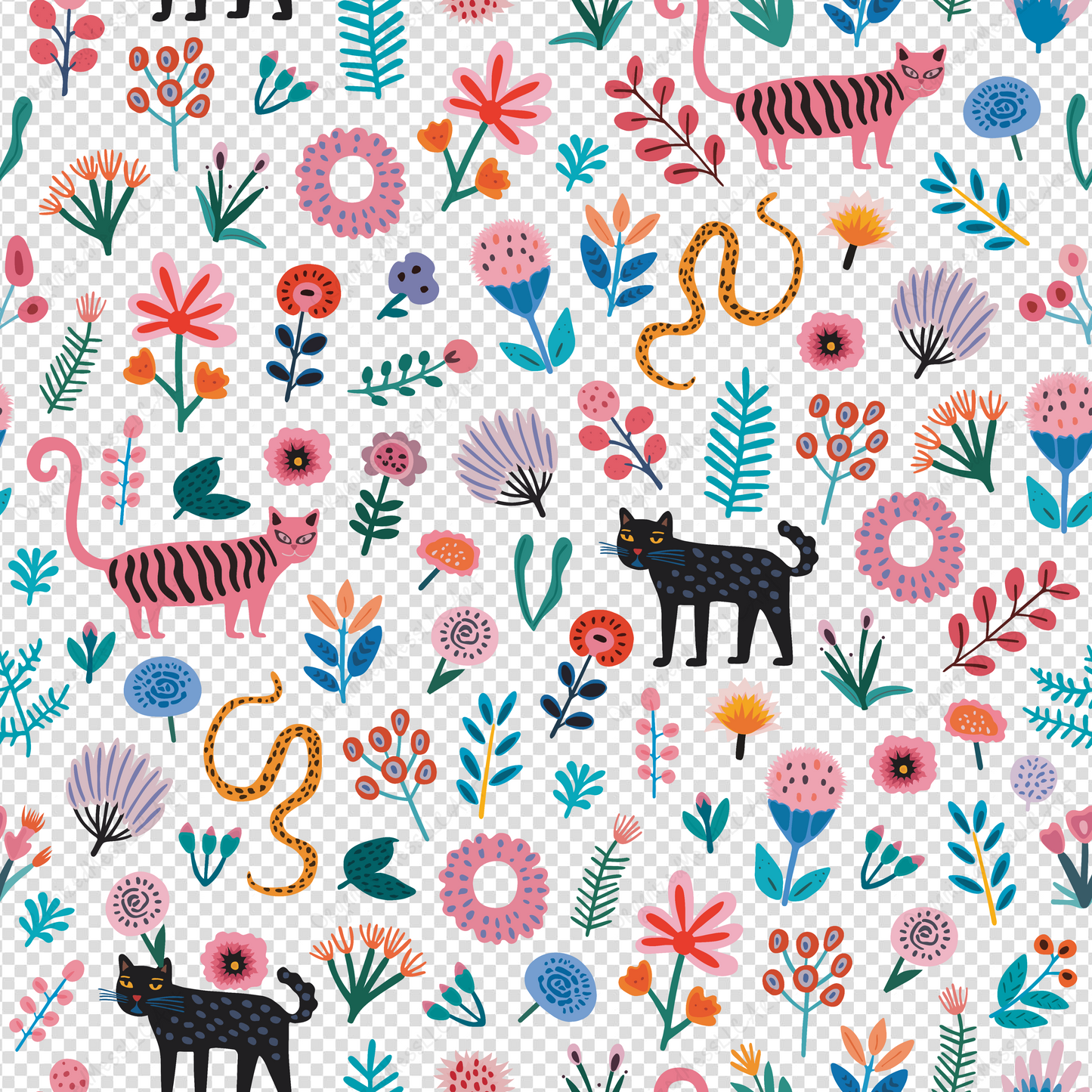 Floral Felines 2 Pattern Instant Digital Download High Resolution PNG Format Digital Illustration