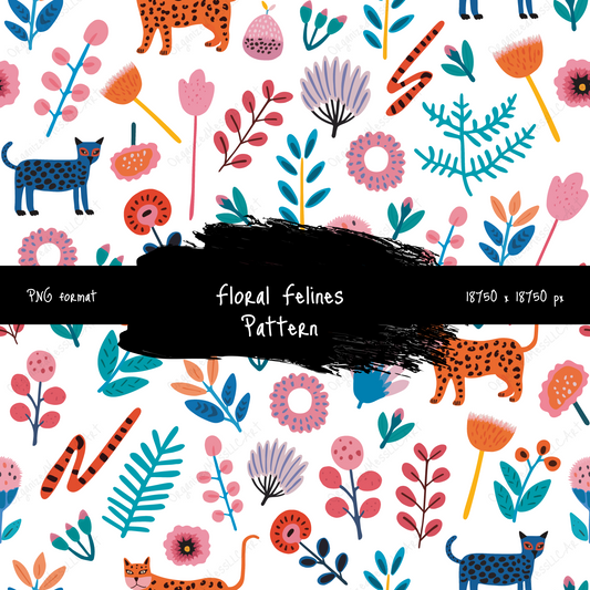 Floral Felines Pattern Instant Digital Download High Resolution PNG Format Digital Illustration