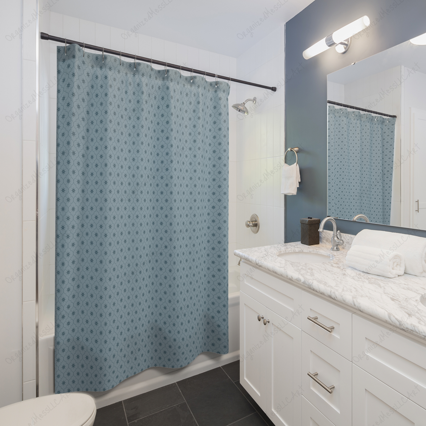 light blue geometric surface pattern on a shower curtain